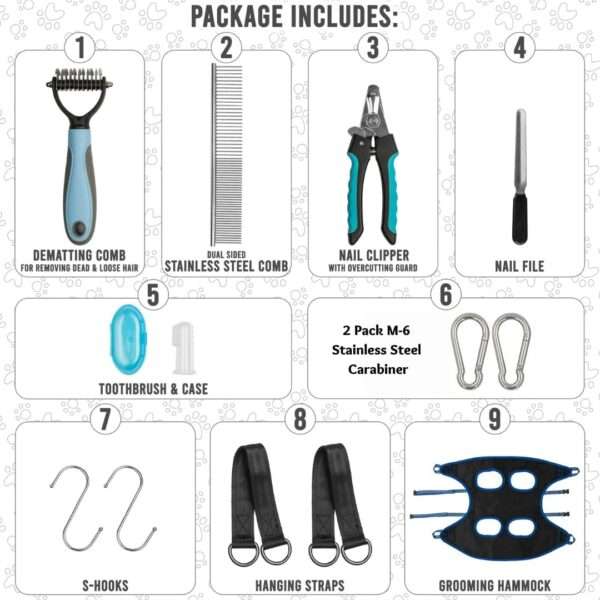 Hamaca de sujeción para perros y gatos en kit de aseo, ideal para baño y corte de uñas sin estrés.