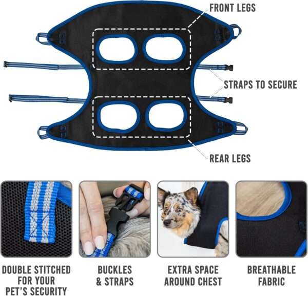 Hamaca de sujeción para perros y gatos en kit de aseo, ideal para baño y corte de uñas sin estrés.