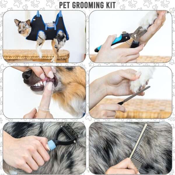 Hamaca de sujeción para perros y gatos en kit de aseo, ideal para baño y corte de uñas sin estrés.