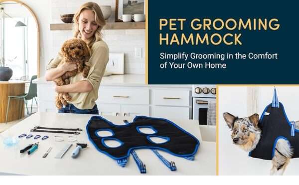Hamaca de sujeción para perros y gatos en kit de aseo, ideal para baño y corte de uñas sin estrés.