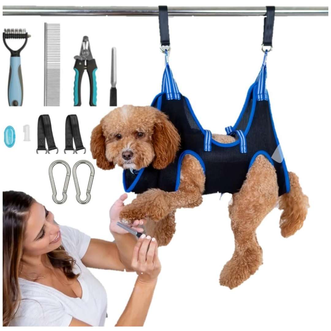 Hamaca de sujeción para perros y gatos en kit de aseo, ideal para baño y corte de uñas sin estrés.