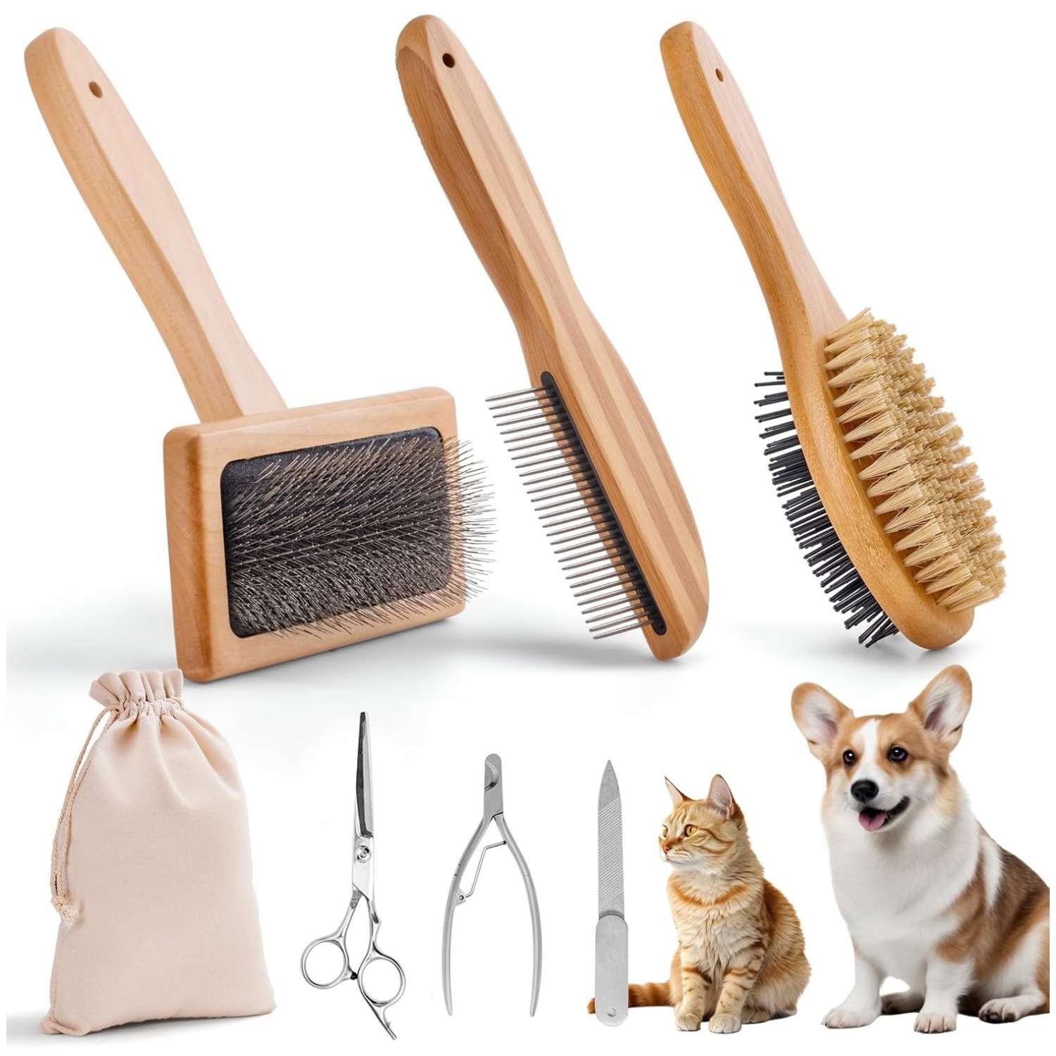 Kit de aseo para perros y gatos de bambú. Cepillo doble cara, cortaúñas y lima.
