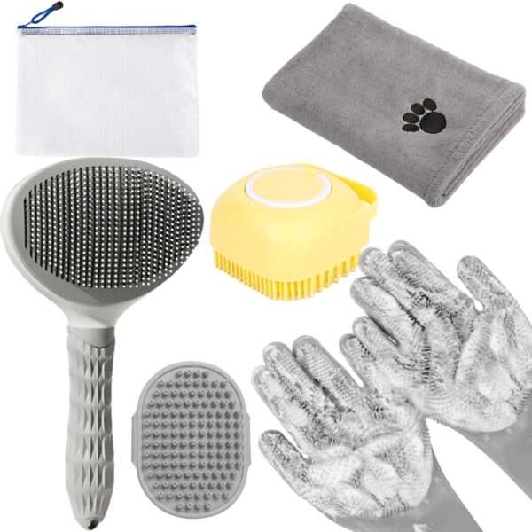 Kit de aseo para baño de mascotas. Cepillo, guantes de lavado y toalla para perros y gatos.