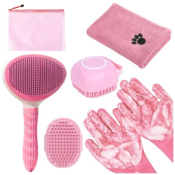 Kit de aseo para baño de mascotas. Cepillo, guantes de lavado y toalla para perros y gatos.
