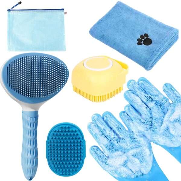 Kit de aseo para baño de mascotas. Cepillo, guantes de lavado y toalla para perros y gatos.