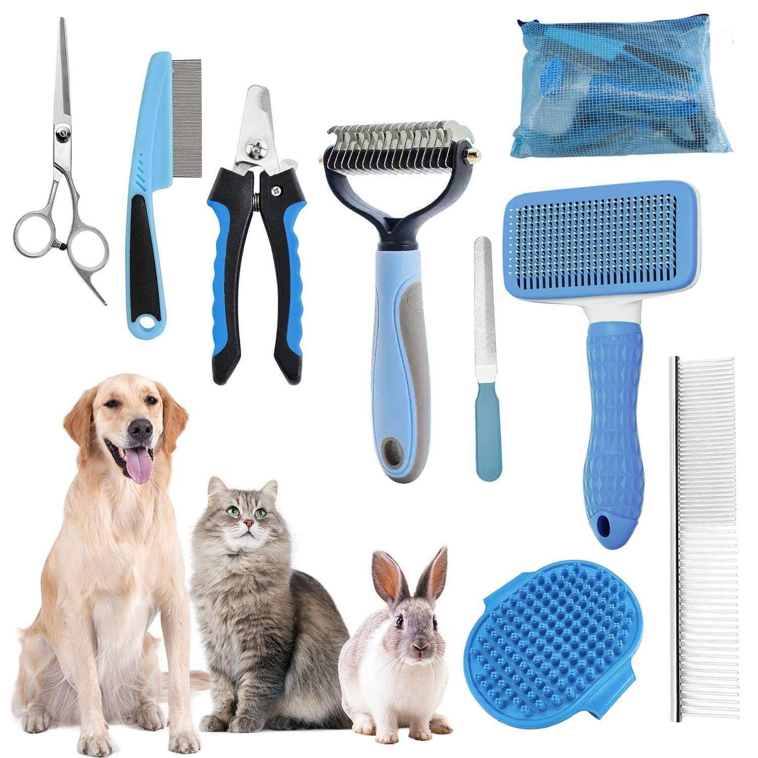 Kit de aseo para baño de mascotas. Cepillo, guantes de lavado y toalla para perros y gatos.