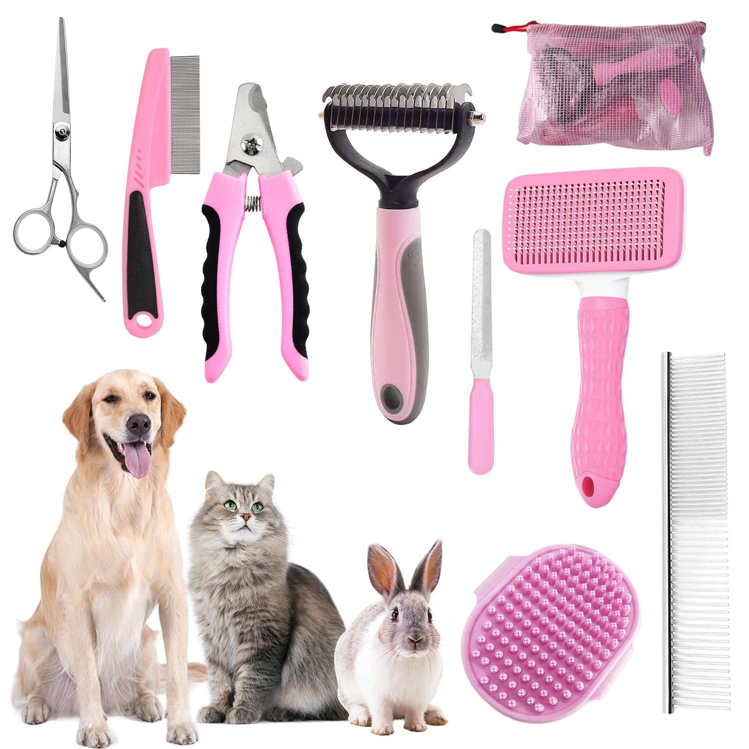 Kit de aseo para baño de mascotas. Cepillo, guantes de lavado y toalla para perros y gatos.