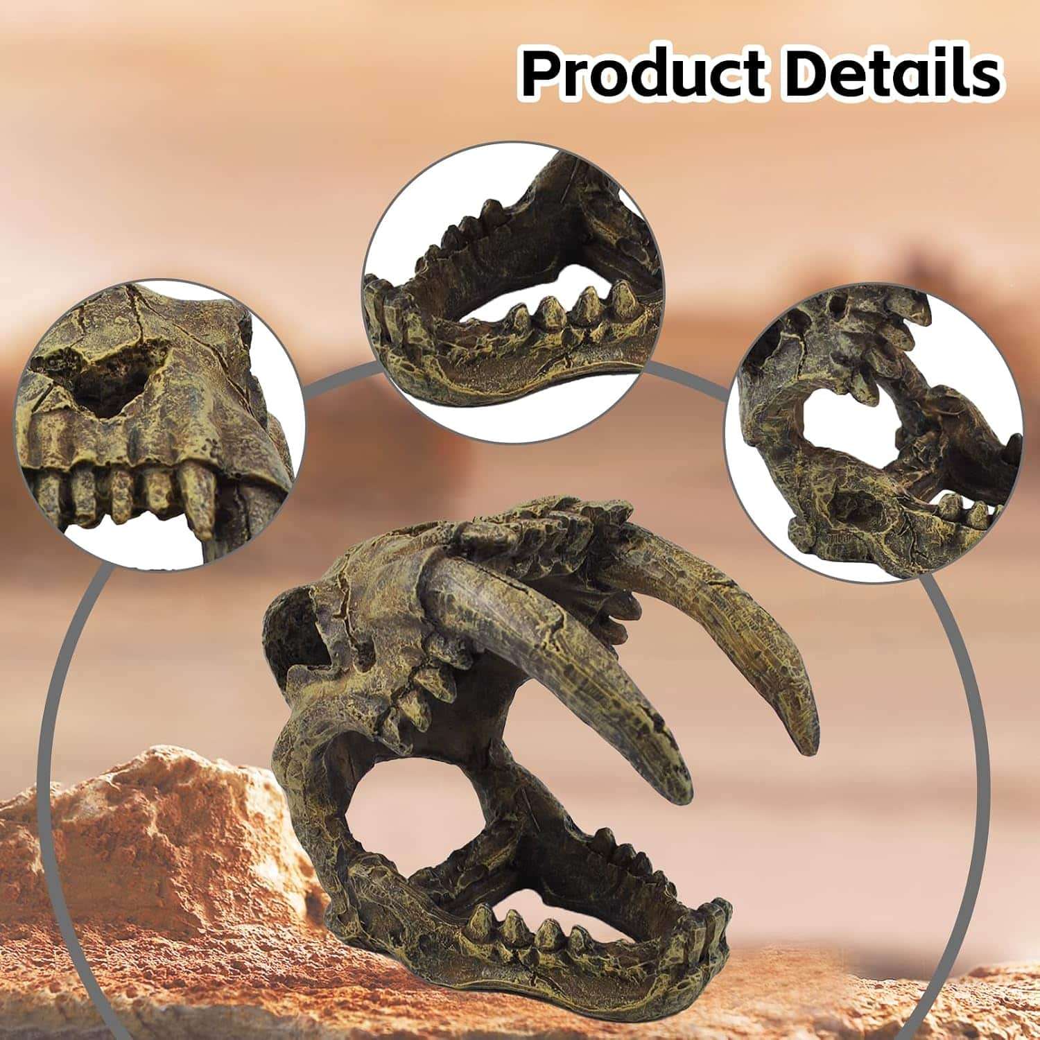 Un kit de decoración de terrario con temática de calavera Diente de Sable, incluyendo una hamaca de fibra natural y enredaderas artificiales.