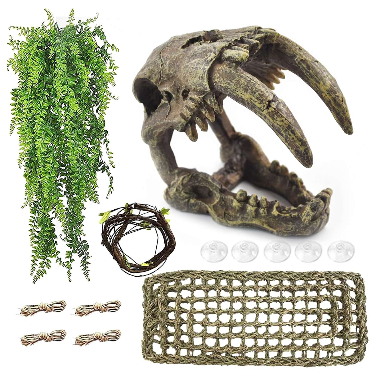 Un kit de decoración de terrario con temática de calavera Diente de Sable, incluyendo una hamaca de fibra natural y enredaderas artificiales.