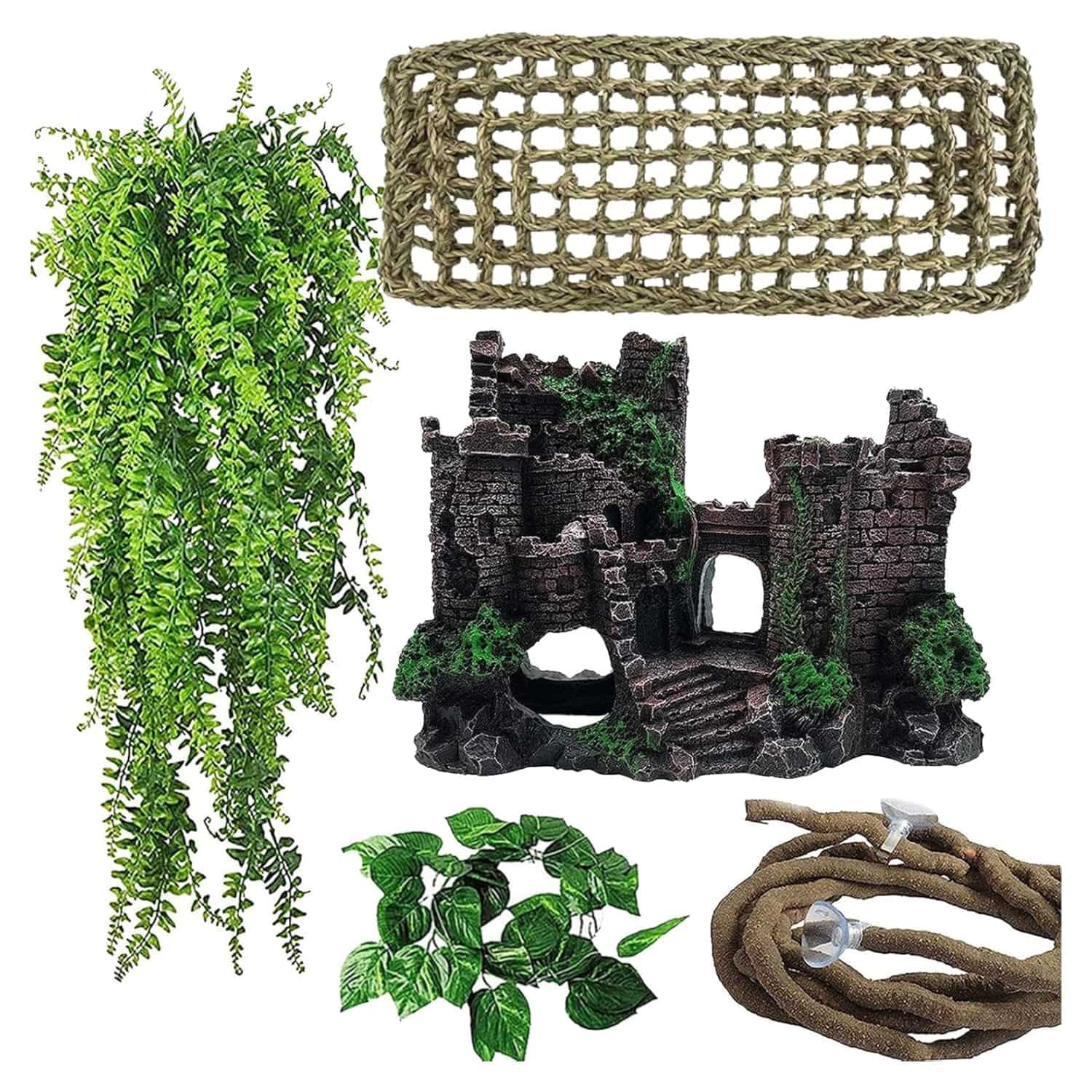 Un kit de decoración para terrario de Dragón Barbudo, mostrando el castillo medieval de resina, una hamaca y plantas colgantes.