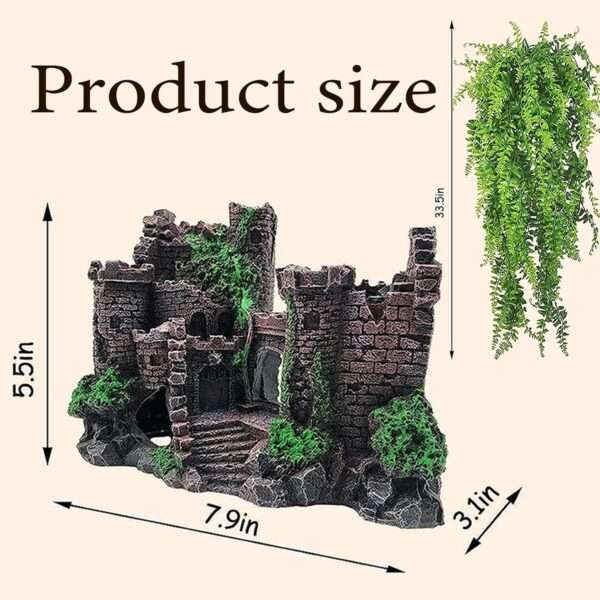 Un kit de decoración para terrario de Dragón Barbudo, mostrando el castillo medieval de resina, una hamaca y plantas colgantes.
