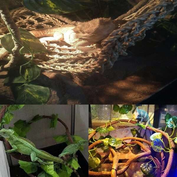 Un kit de decoración para terrario de Dragón Barbudo, mostrando el castillo medieval de resina, una hamaca y plantas colgantes.