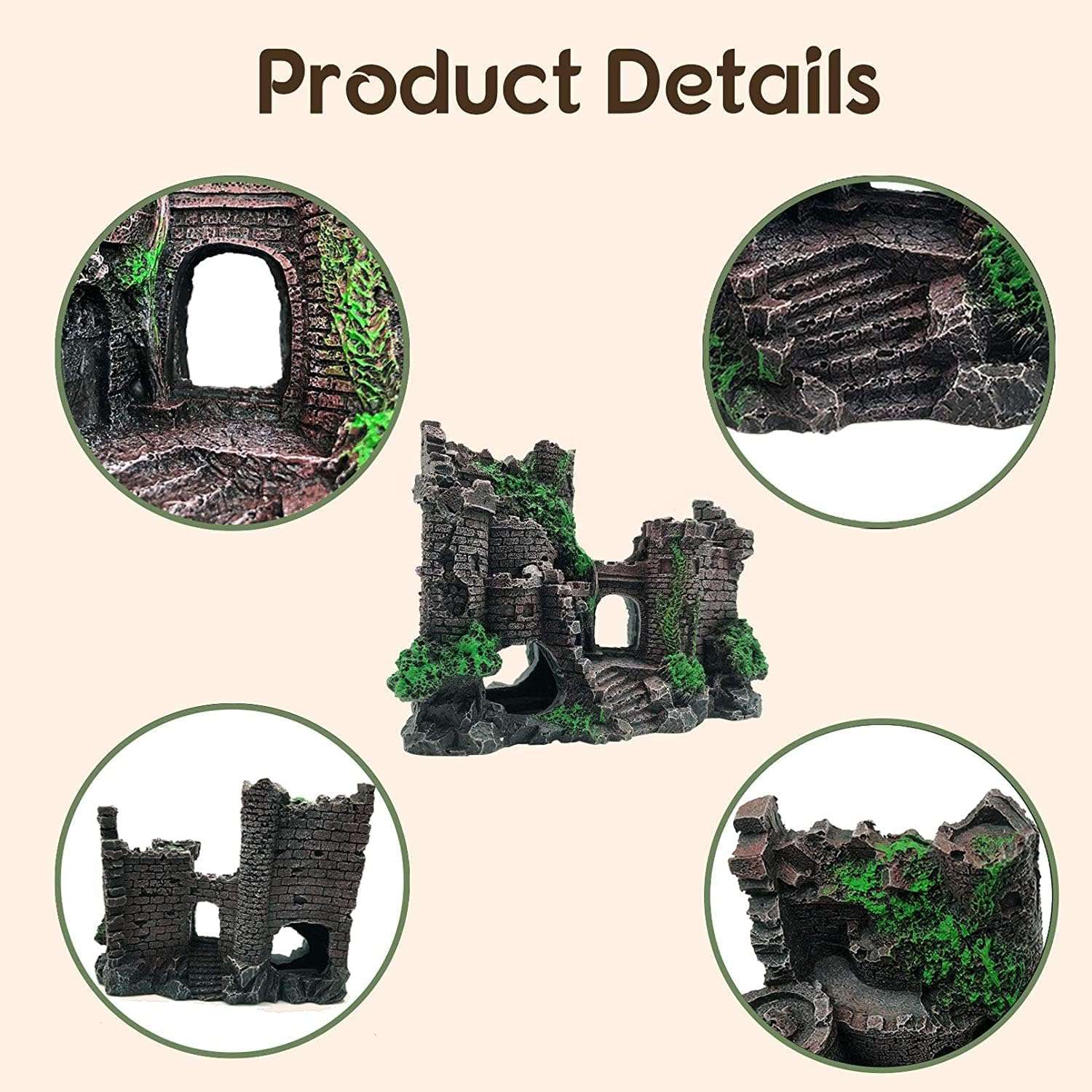 Un kit de decoración para terrario de Dragón Barbudo, mostrando el castillo medieval de resina, una hamaca y plantas colgantes.