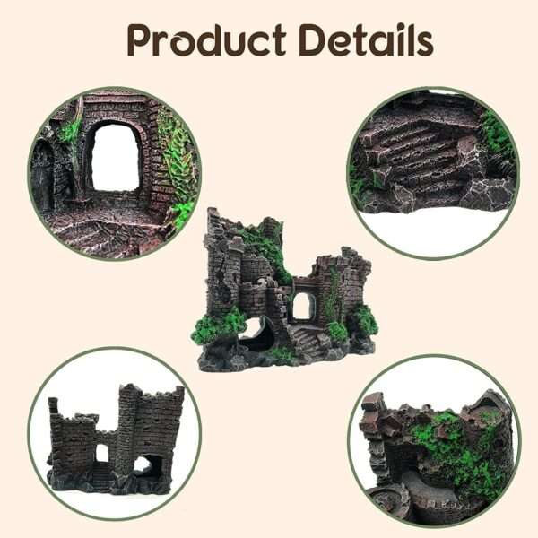 Un kit de decoración para terrario de Dragón Barbudo, mostrando el castillo medieval de resina, una hamaca y plantas colgantes.