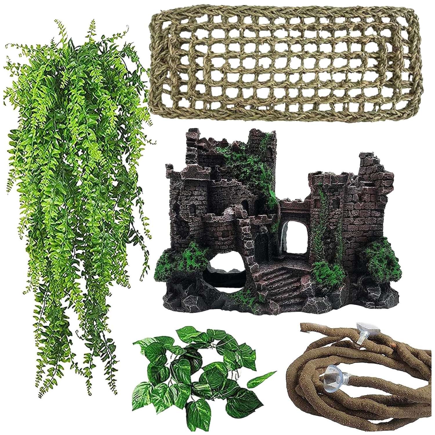 Un kit de decoración para terrario de Dragón Barbudo, mostrando el castillo medieval de resina, una hamaca y plantas colgantes.