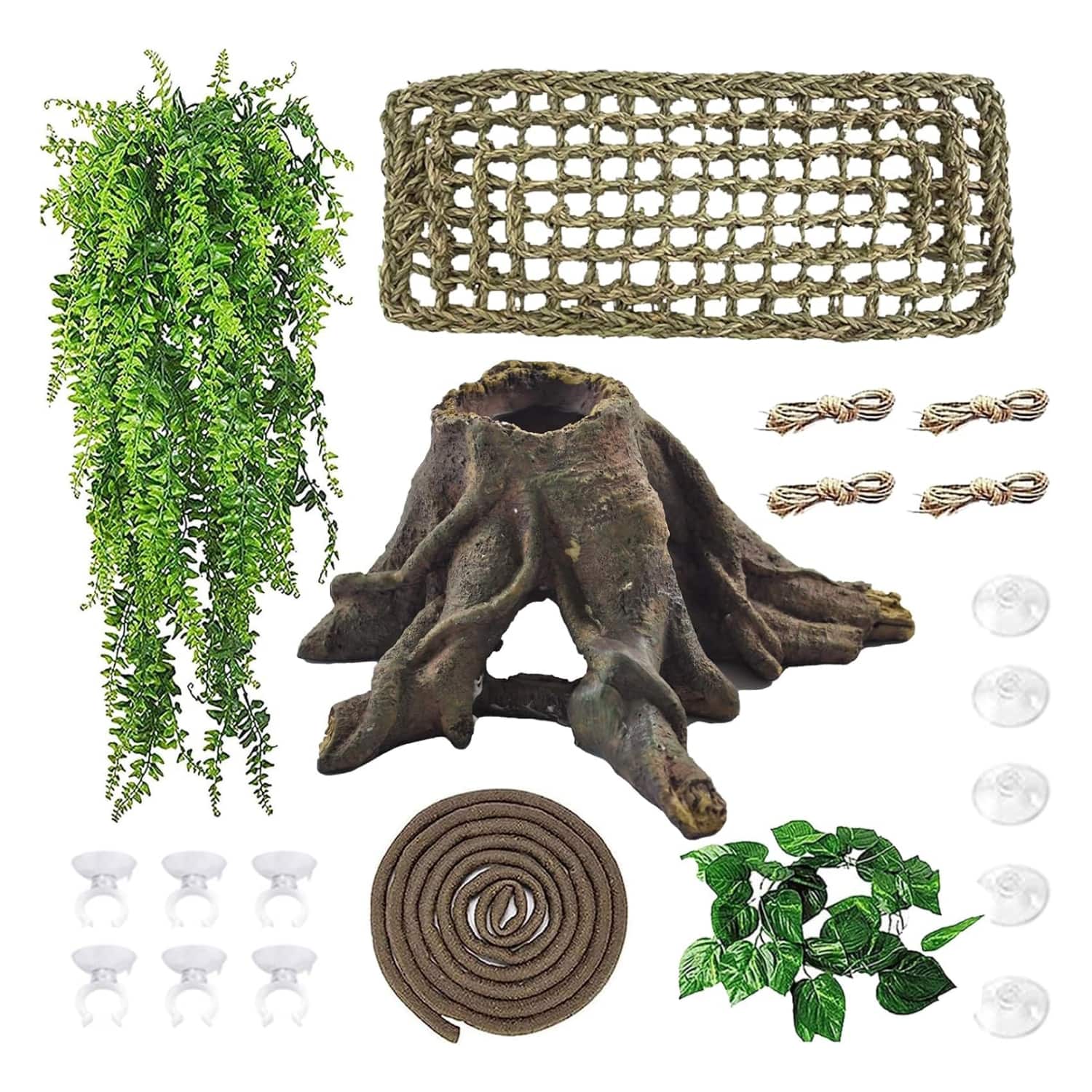 Un kit completo de decoración para terrario, mostrando un tronco escondite de resina, una hamaca y vides, ideal para Dragones Barbudos.