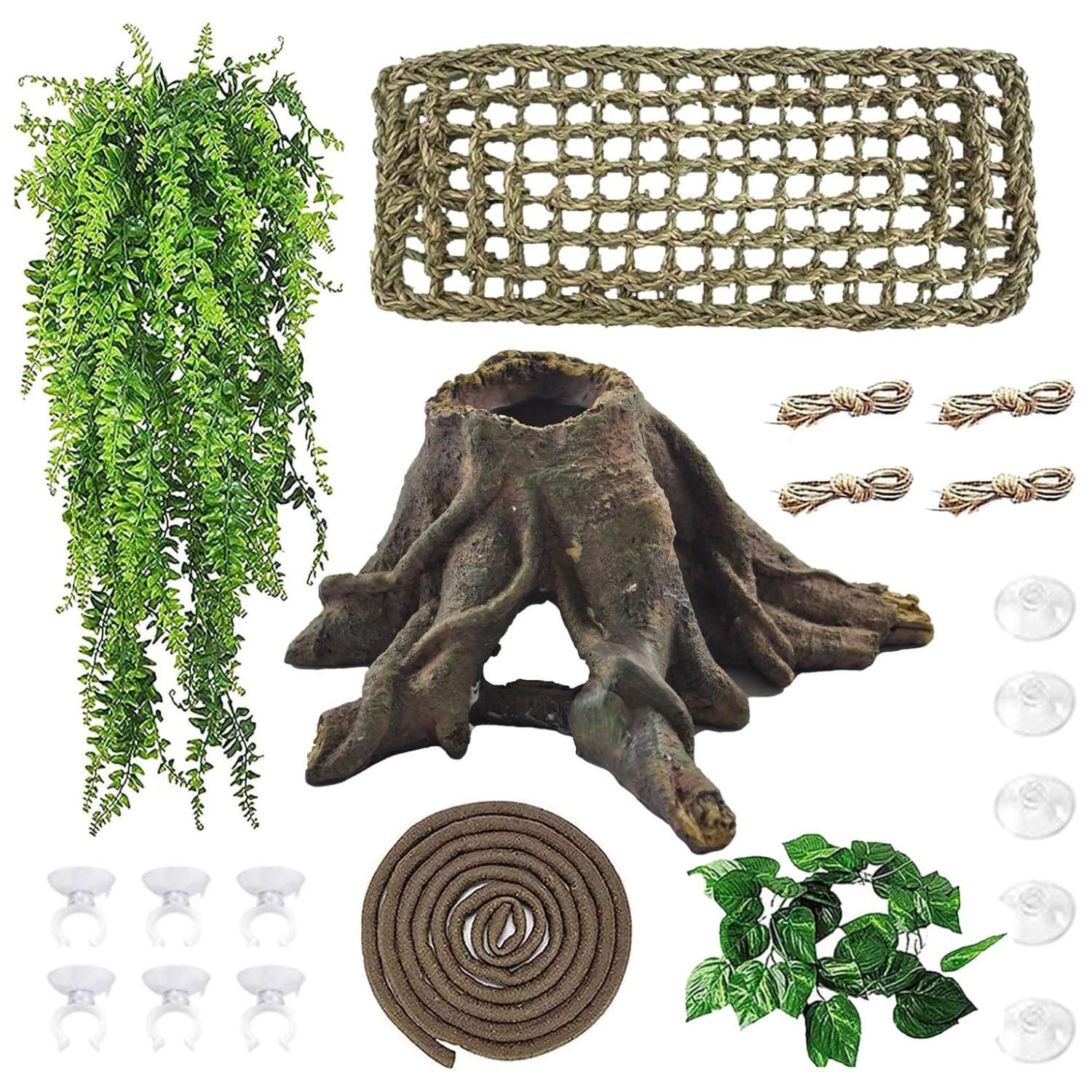 Un kit completo de decoración para terrario, mostrando un tronco escondite de resina, una hamaca y vides, ideal para Dragones Barbudos.