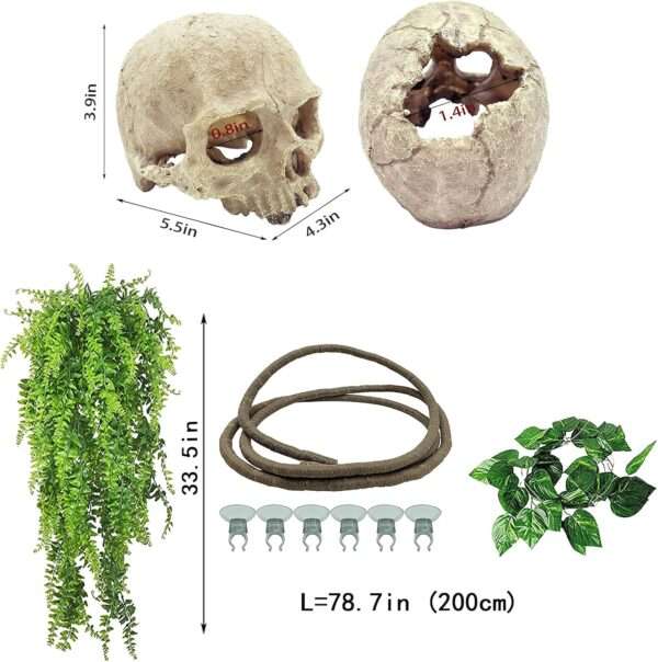 Un kit de decoración de terrario con una calavera humana de resina como escondite y un set de vides trepadoras y follaje artificial.