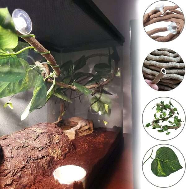 Un kit de decoración de terrario con una calavera humana de resina como escondite y un set de vides trepadoras y follaje artificial.