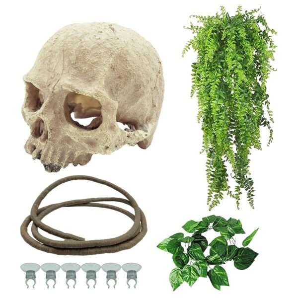 Un kit de decoración de terrario con una calavera humana de resina como escondite y un set de vides trepadoras y follaje artificial.