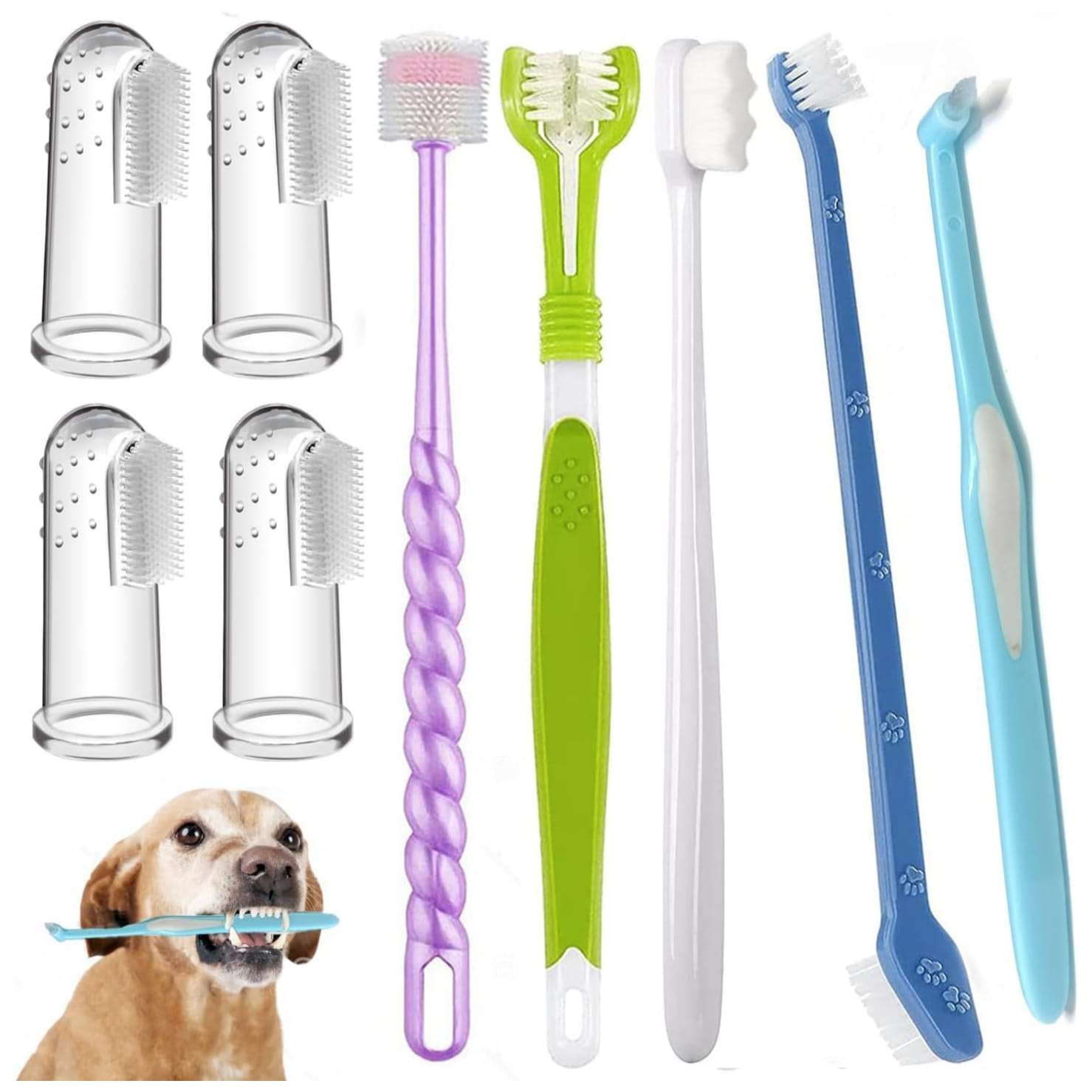 Kit de higiene dental 9 en 1 para perros. Cepillos de dientes para sarro y placa.