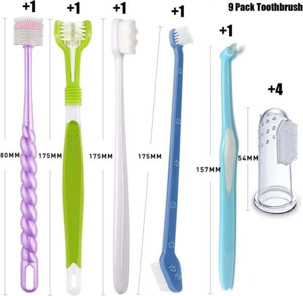 Kit de higiene dental 9 en 1 para perros. Cepillos de dientes para sarro y placa.