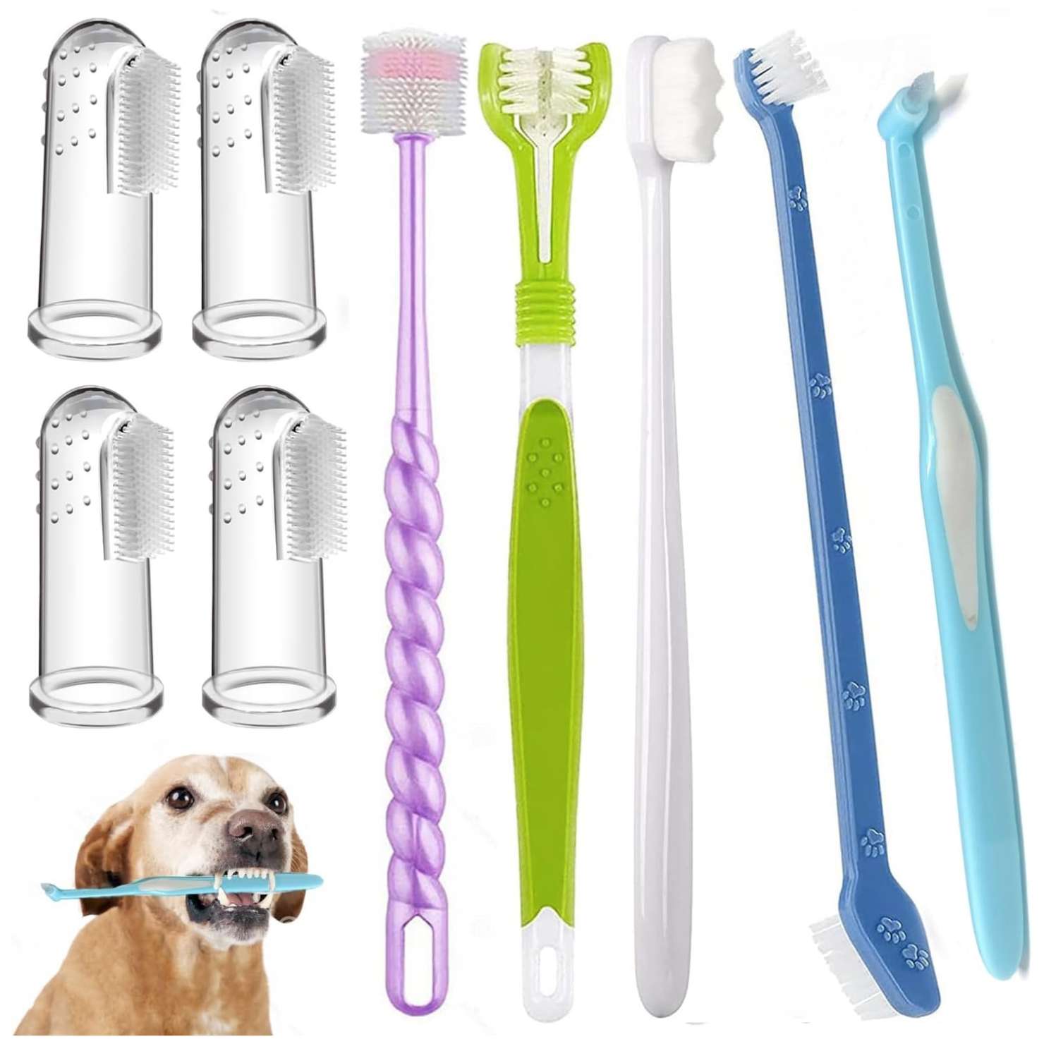 Kit de higiene dental 9 en 1 para perros. Cepillos de dientes para sarro y placa.