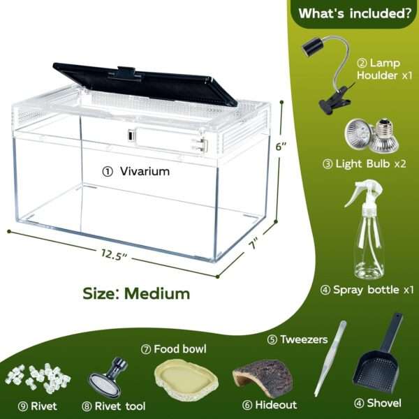 Un kit premium de terrario, mostrando un hábitat de policarbonato con vista 360 y accesorios esenciales para reptiles.