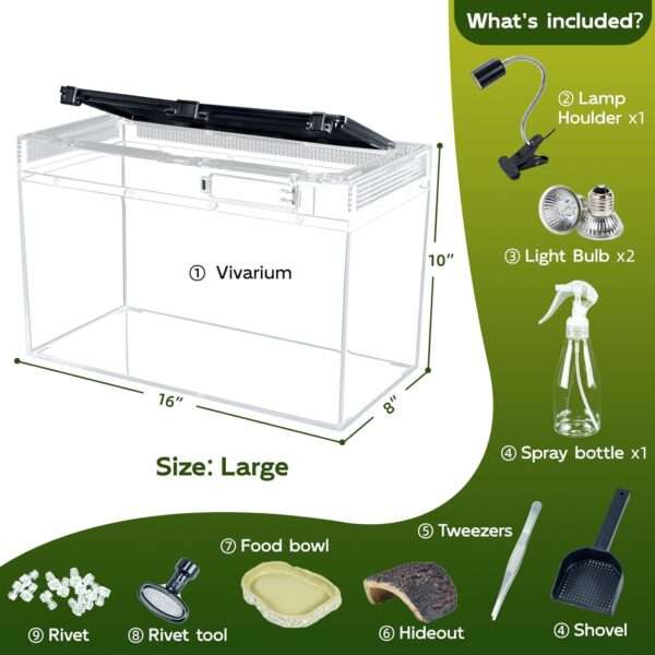 Un kit premium de terrario, mostrando un hábitat de policarbonato con vista 360 y accesorios esenciales para reptiles.