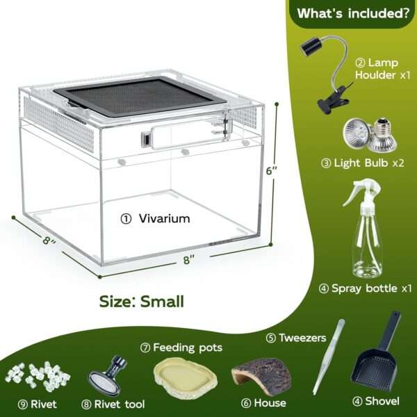 Un kit premium de terrario, mostrando un hábitat de policarbonato con vista 360 y accesorios esenciales para reptiles.