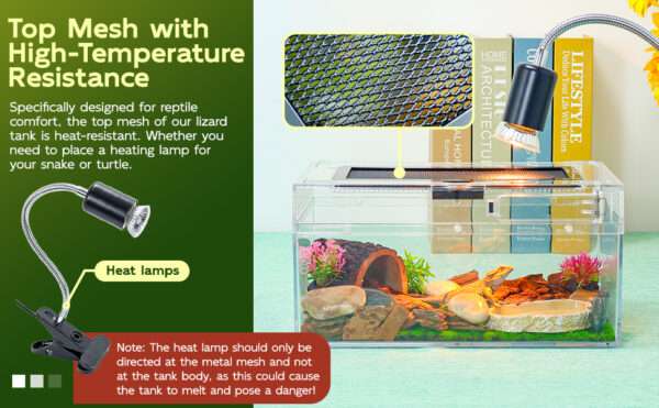 Un kit premium de terrario, mostrando un hábitat de policarbonato con vista 360 y accesorios esenciales para reptiles.