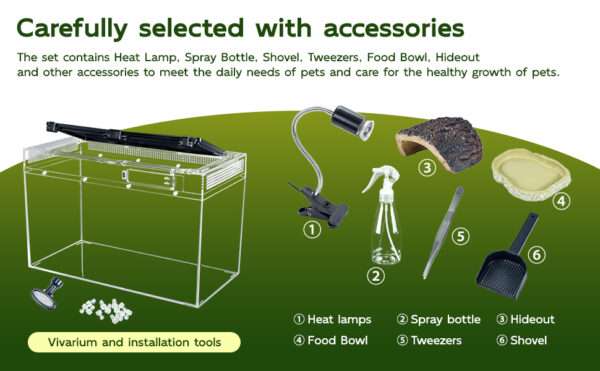 Un kit premium de terrario, mostrando un hábitat de policarbonato con vista 360 y accesorios esenciales para reptiles.