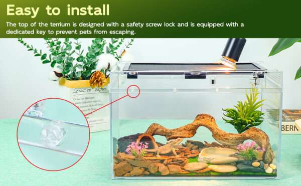 Un kit premium de terrario, mostrando un hábitat de policarbonato con vista 360 y accesorios esenciales para reptiles.