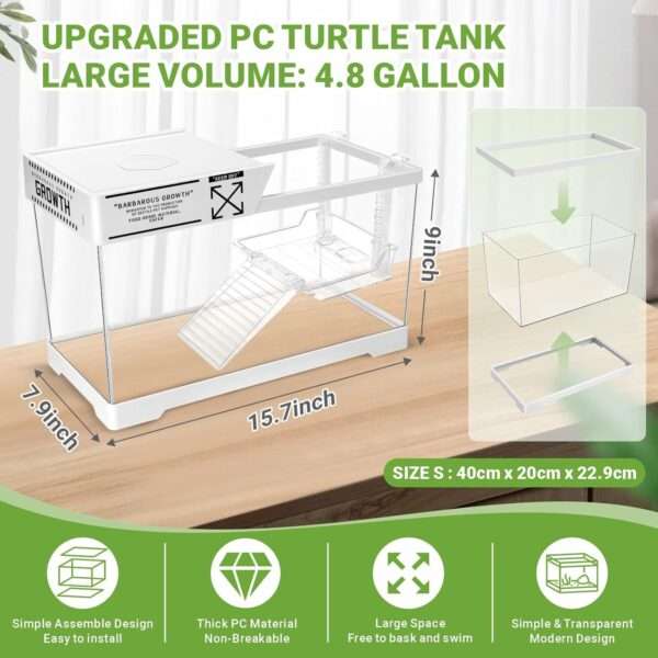 Un kit completo de inicio para tortugas, mostrando un acuario de acrílico, plantas decorativas y una plataforma multifuncional, con las medidas 40x20x22 cm.