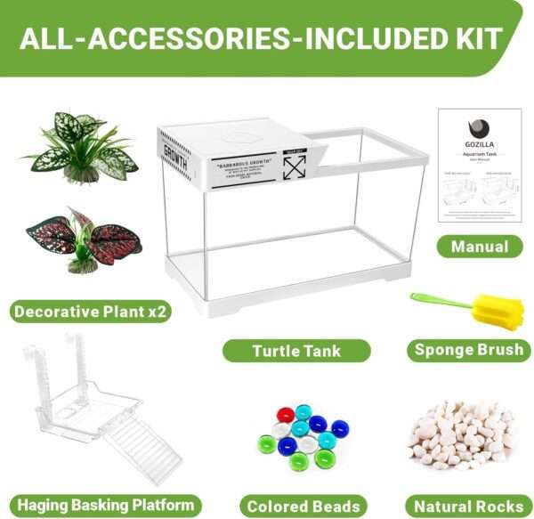 Un kit completo de inicio para tortugas, mostrando un acuario de acrílico, plantas decorativas y una plataforma multifuncional, con las medidas 40x20x22 cm.