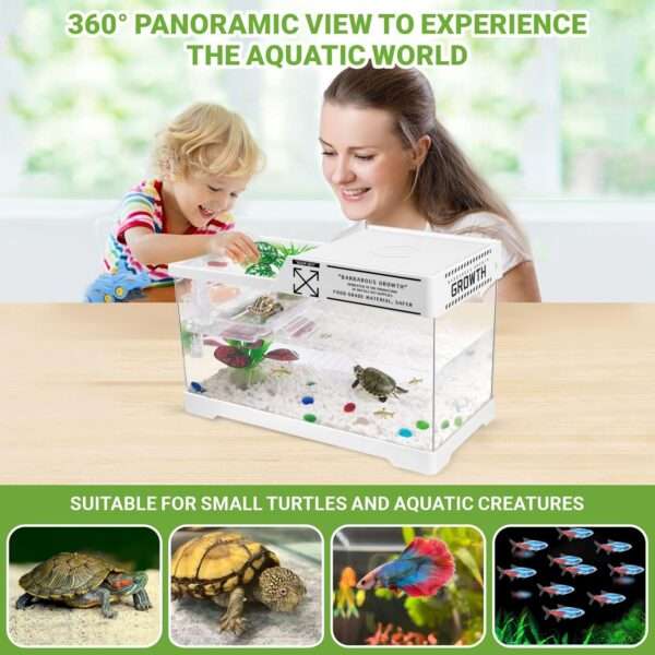 Un kit completo de inicio para tortugas, mostrando un acuario de acrílico, plantas decorativas y una plataforma multifuncional, con las medidas 40x20x22 cm.