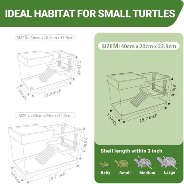 Un kit completo de inicio para tortugas, mostrando un acuario de acrílico, plantas decorativas y una plataforma multifuncional, con las medidas 40x20x22 cm.