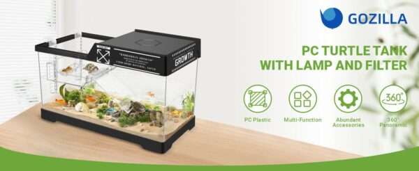Un kit completo de inicio para tortugas, mostrando un acuario de acrílico, plantas decorativas y una plataforma multifuncional, con las medidas 40x20x22 cm.