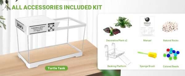 Un kit completo de inicio para tortugas, mostrando un acuario de acrílico, plantas decorativas y una plataforma multifuncional, con las medidas 40x20x22 cm.