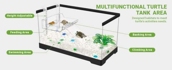 Un kit completo de inicio para tortugas, mostrando un acuario de acrílico, plantas decorativas y una plataforma multifuncional, con las medidas 40x20x22 cm.