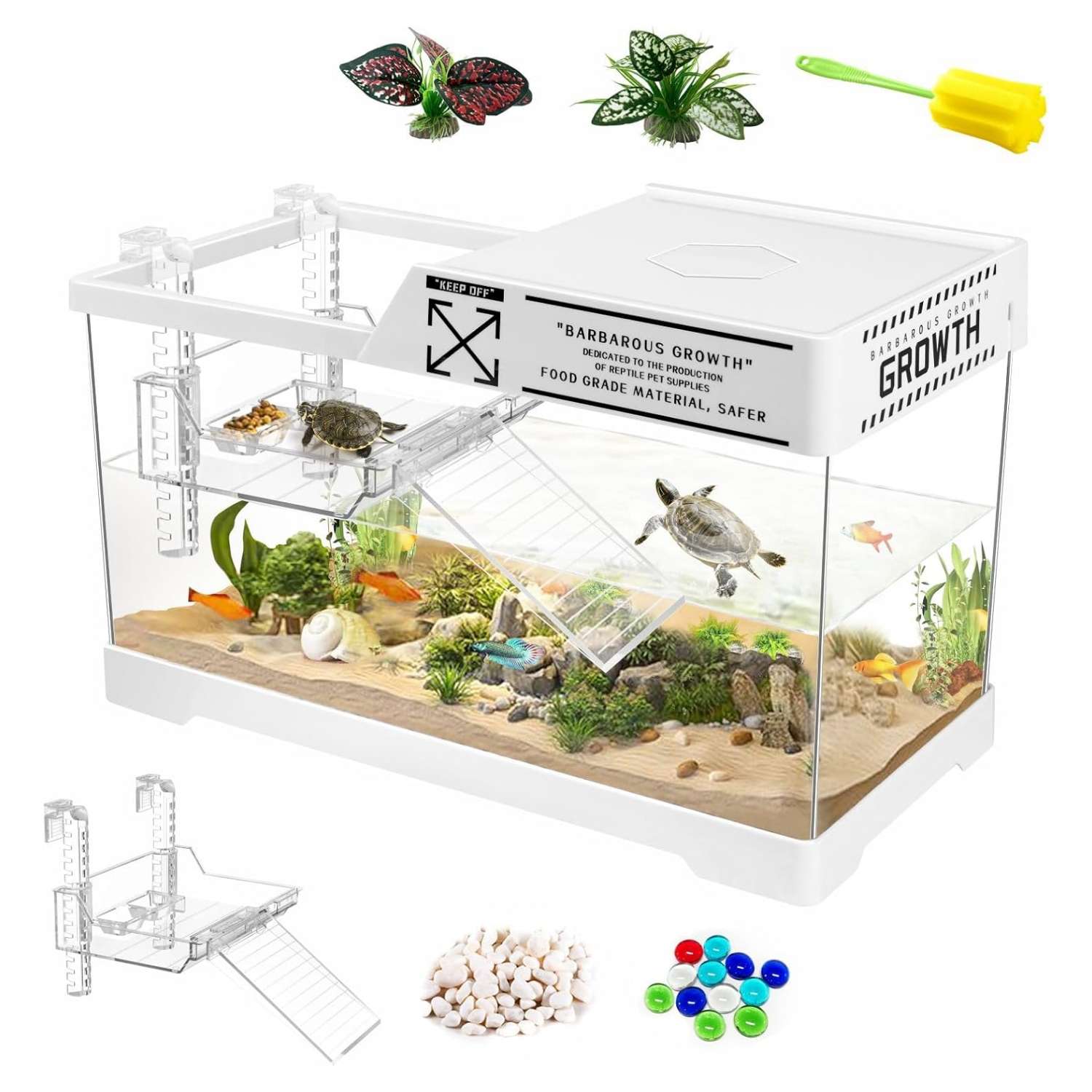 Un kit completo de inicio para tortugas, mostrando un acuario de acrílico, plantas decorativas y una plataforma multifuncional, con las medidas 40x20x22 cm.