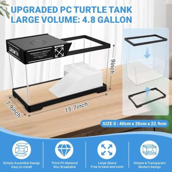 Un kit completo de inicio para tortugas, mostrando un acuario de acrílico, plantas decorativas y una plataforma multifuncional.