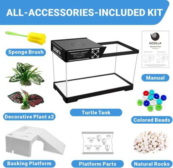 Un kit completo de inicio para tortugas, mostrando un acuario de acrílico, plantas decorativas y una plataforma multifuncional.