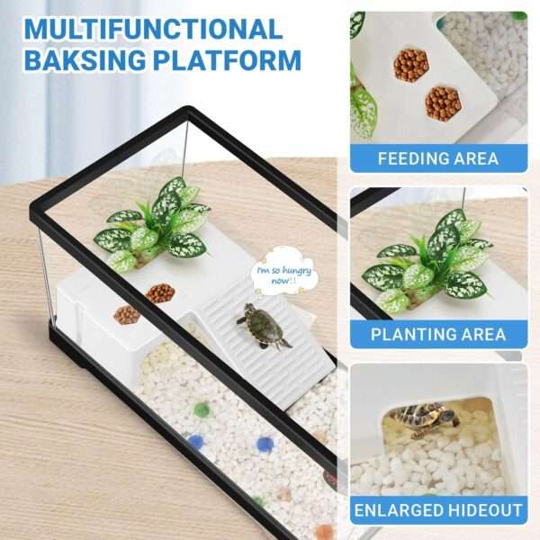 Un kit completo de inicio para tortugas, mostrando un acuario de acrílico, plantas decorativas y una plataforma multifuncional.