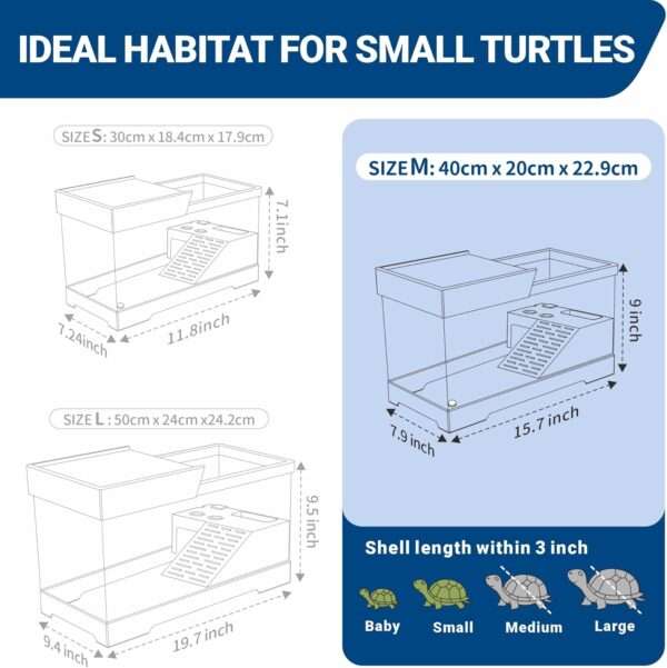 Un kit completo de inicio para tortugas, mostrando un acuario de acrílico, plantas decorativas y una plataforma multifuncional.