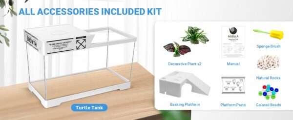 Un kit completo de inicio para tortugas, mostrando un acuario de acrílico, plantas decorativas y una plataforma multifuncional.