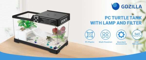 Un kit completo de inicio para tortugas, mostrando un acuario de acrílico, plantas decorativas y una plataforma multifuncional.