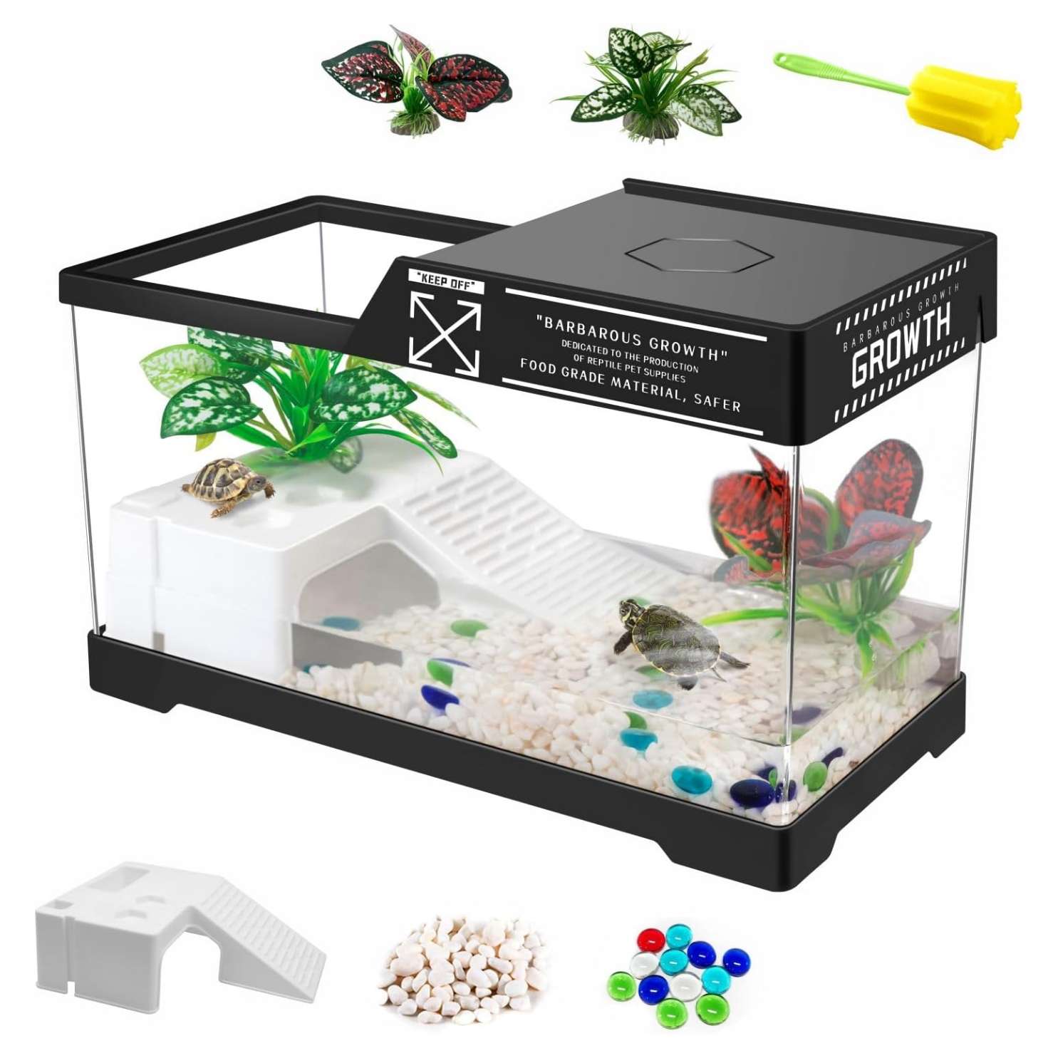 Un kit completo de inicio para tortugas, mostrando un acuario de acrílico, plantas decorativas y una plataforma multifuncional.