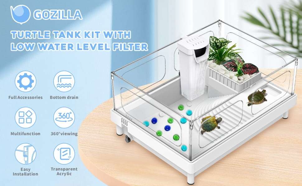 Un kit completo de inicio para tortugas, mostrando un acuario de acrílico con sus medidas, un filtro, una plataforma y otros accesorios.