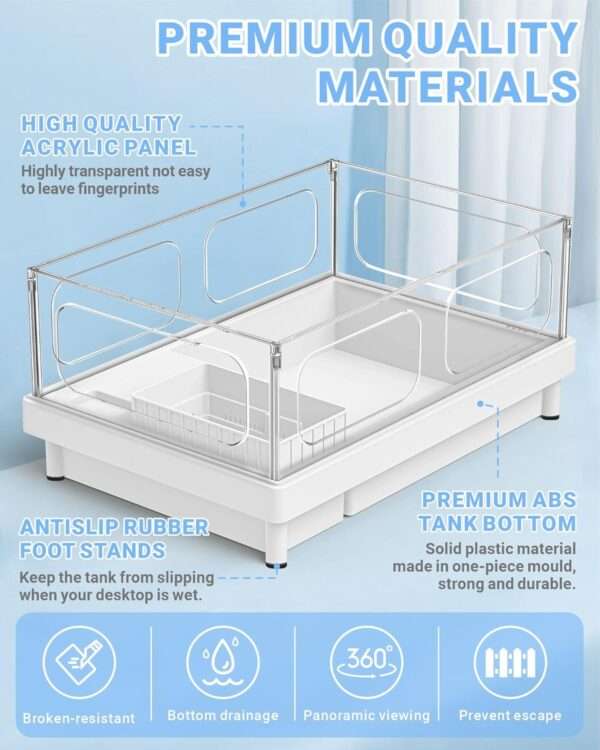 Un kit completo de inicio para tortugas, mostrando un acuario de acrílico con sus medidas, un filtro, una plataforma y otros accesorios.